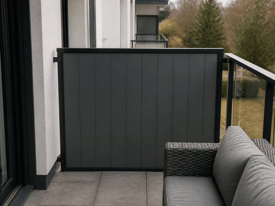 Panneau occultant vertical installé contre balustrade terrasse